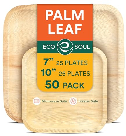 ECO SOUL Palm Leaf Like Bamboo Plates, 7 & 10 Inch Square, 50 Pack Bulk Disposable Dinnerware Combo, Compostable Biodegradable Natural Wooden Tableware, Party Pack for Catering, Wedding, Events