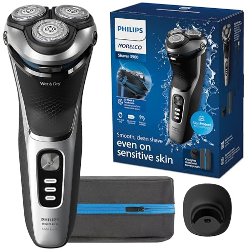 Philips Norelco Shaver 3900 Series, rasoio elettrico a secco/umido, P-Cap, borsa da viaggio, supporto di ricarica, blu tempesta, modello S3341/92