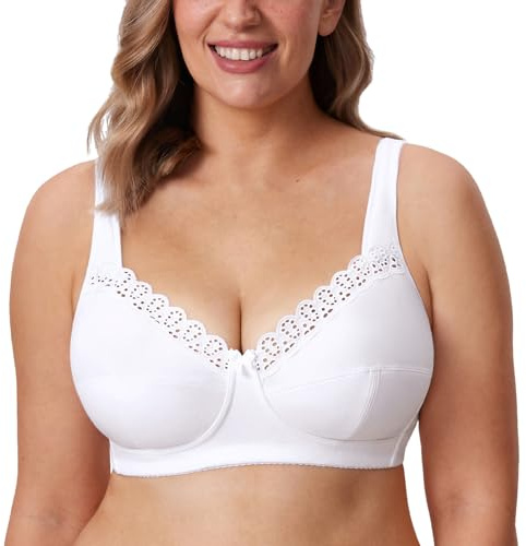 DELIMIRA Reggiseno Cotone Senza Ferretto in Pizzo Taglie Forti Morbido Senza Imbottitura Coppa Piena Bianco 5C