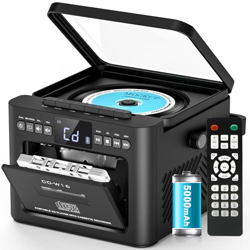 Greadio Boombox con lettore CD ricaricabile, con lettore di cassette, ricezione/trasmissione/radio FM/USB/TF/AUX Combo, Boom Box con batteria da 5000 mAh, telecomando, lettori CD Boombox per casa