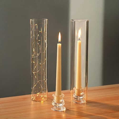 NUPTIO Taper Ljushållare Glas Uppsättning Med 2 klara Hurricane-Ljusstakar 30cm höga - Avsmalnande Ljusstake Med Vindsäkert Cylinderskydd för Öppen Spis Och Matsalsinredning