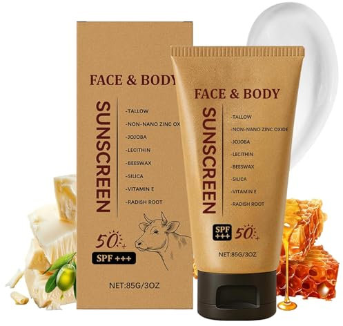 Beef Tallow Sunscreen Spf 50 - Tallow Face & Body Sun Cream - Zinc Oxide & Beef Tallow Moisturiser Sunscreen - Natural Organic Sun Cream For Women, Men - Lightweight, Non Greasy, No White Cast