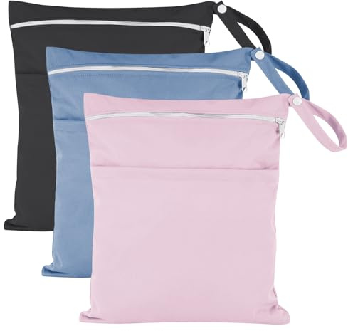 YJSDDNTY 3 Bolsas Bolsa de Pañales Bebés,pañales de Tela Impermeables Bolsa，Reutilizable，Capacidad para 8-10 pañales Secos o 3 Bikinis húmedos, Rosa + Azul + Gris