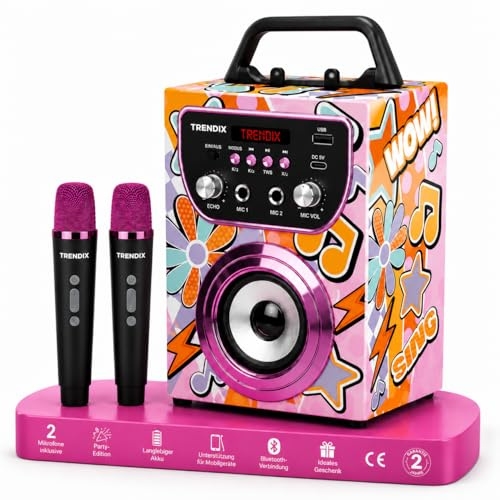 Trendix - Karaoke Per Bambini Magic Melody | Cassa Bluetooth Con Microfono, Radio Fm, Usb | Cassa Karaoke Con 2 Microfoni | 2 Microfoni Bluetooth | Regalo