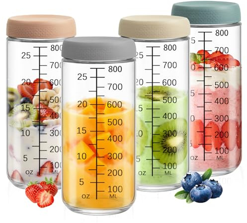 CSLGDMAI 4 vasetti da 850 ml, in vetro borosilicato con tappo a vite, scala e apertura ampia, ermetici, impilabili, per Overnight Oats, insalata, yogurt, porridge