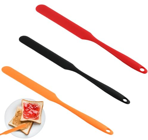 3 Pcs Silicone Jar Spatula,Long Handle Jar Scraper,Reusable Baking Spatula for Kitchen,Silicone Small Spatula for Sourdough Starter Cosmetics Jam (Red,Black,Orange)