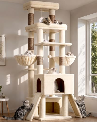 Globlazer klösträd beige, XXL, 200 cm högt med 2 katthus, 2 stora plattformar, 2 klösramper i sisal, 2 korgar, katträd 2 m, stabilt för kattungar, katter, seniorer, vila, leka, krafsa (Z78, beige)