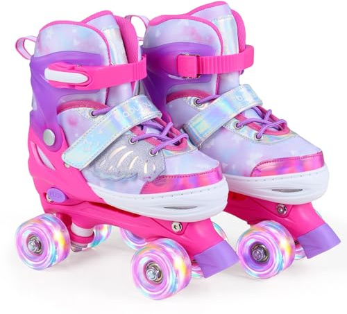 HOMASIS Pattini in Rotelle per Bambina, Pattini per Principianti con 4 Misure Regolabili, 8 Ruote Illuminate e Protezione a 3 Strato Fodera Imbottita e Chiusura a Strappo, per 7-9 Anni (M,Rosa)