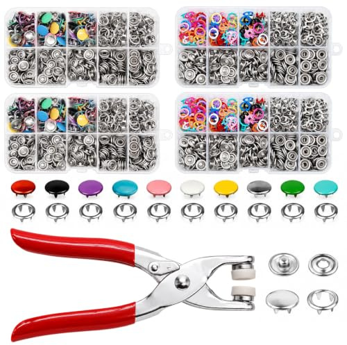 Luhuuxmu 400 juegos de botones de presión de 9,5 mm con pinzas de presión, botones metálicos huecos y remaches fijos sin costura para ropa infantil, manualidades, reparación de ropa y proyectos de