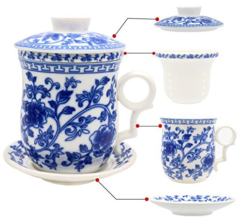 Hollihi Tasse en porcelaine avec couvercle, soucoupe et infuseur - Tasse à thé en porcelaine chinoise de Jingdezhen pour thé en vrac ou café - Pour la maison ou le bureau