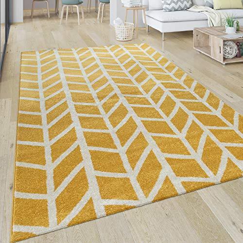 Paco Home Teppich Wohnzimmer Muster Geometrisch Modern Kurzflor Streifen In Gelb Weiß, Grösse:60x100 cm