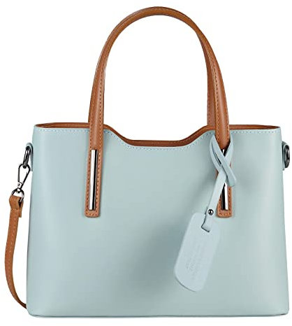 OBC Made IN Italy Damen Echt Leder Tasche Business Shopper Schultertasche Handtasche Ledertasche Umhängetasche Rindsleder Freizeittasche Hellblau-Braun