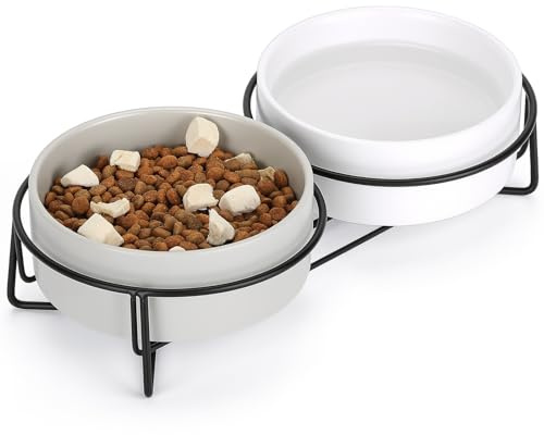 PETTOM Ciotola Rialzate in Ceramica con Supporto per Gatti Cani Ciotole Doppia per Cane Gatto Animali Domestici Grandi o Piccoli per Cibo e Acqua (Grigio+Bianca)