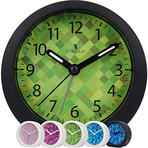 SIMSAM Despertador infantil infantil sin tictac, despertador para niños, despertador analógico para niños, con 24 melodías, batería, repetición de alarma (negro y verde)