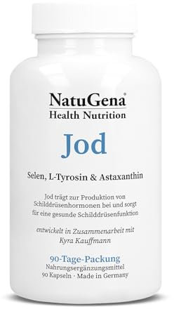 NatuGena Jod, L-Tyrosin & Astaxanthin, Jod-Komplex mit Selen, für eine gesunde Schilddrüsenfunktion, Kaliumjodid, 90 Kapseln (90 Tage Packung)
