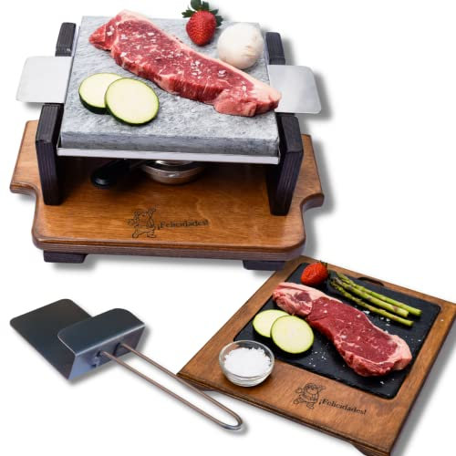 Piedra Volcánica para Asar Carne Personalizada de 20x20 con dos Quemadores, Plato de Pizarra de presentación personalizado y Levantador de acero inoxidable