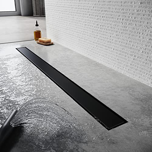 SONNI Canaleta de ducha Negra 360°, Sifón de Doble Cara Altura regulable con Filtro de Pelo, Canal de Drenaje de 60 cm