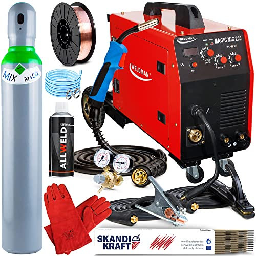 Weldman Magic Mig 200-200 A MIG MAG Schweissgerät mit Fahrwerk - FLUX und MMA - Eurostecker, Platz für Gasflasche, 2-Rollen Drahtvorschub - Aluminium - IGBT-Technologie, Set: Professional