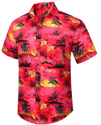 HISDERN Mens Hawaiian Shirts Funky Hawaii Print Aloha Shirt Men Summer Casual Short Sleeve Unisex Tops Beer Pattern Shirt Beach Wedding Holiday,Red,L