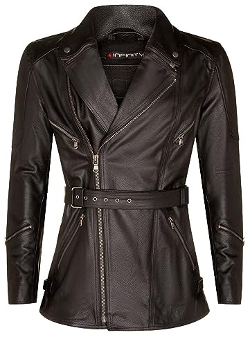 Infinity Leather Veste Hommes Noir Fermeture éclair Transversale 3/4 Cuir Longue Moto CE Armour Veste de Motard