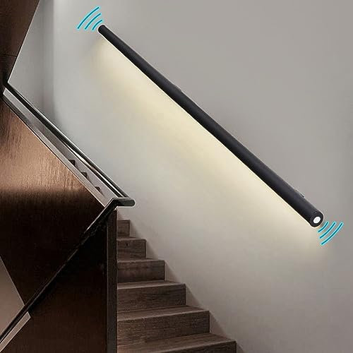 Yclty Wall Handrail with Motion Sensor Light, Hand Railing with LED Light, Sturdy Safety Stairs Handrail for Indoor Stairs, Matte Black (Size : Right-59 (150cm))