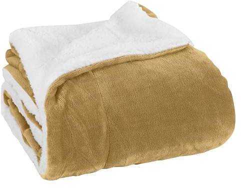 Elegant Comfort Luxury Ultra-Plush Velvet Touch Fleece Throw Soft, Warm, Cozy| Micromink Sherpa-Backing Reversible Blanket for Bed, Sofa and Couch, Solid Gold