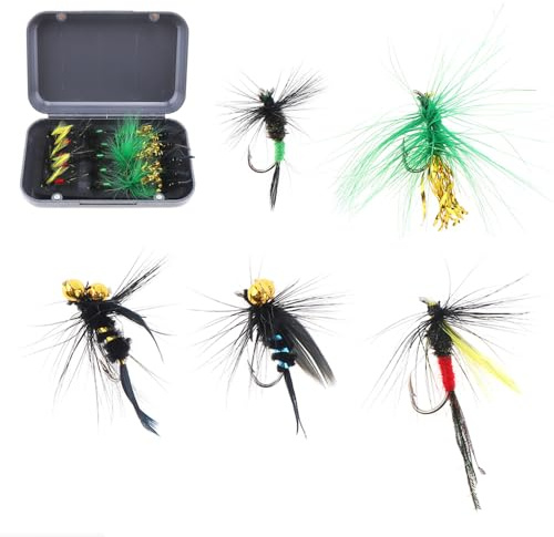 OriGlam 20pcs Kit de leurres de pêche à la Mouche, Assortiment Fait à la Main avec boîte à Mouches étanche, leurres de pêche à la Mouche réalistes, hameçons, appâts artificiels
