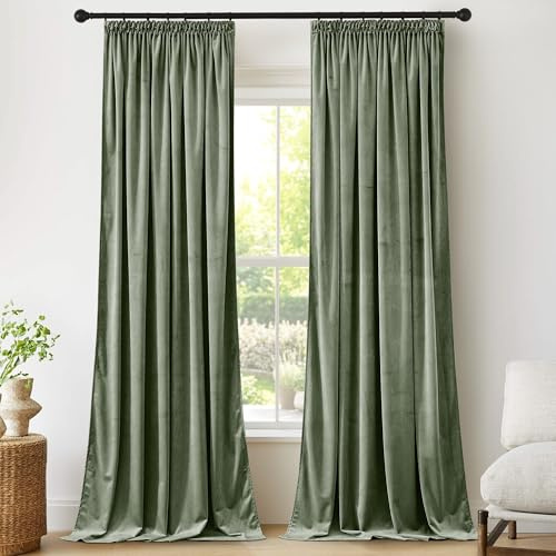 PONY DANCE Tende Oscuranti per Interni Tende Velluto con Fettuccia Tende Natalizie Soggiorno Tende Termiche Tende Camera da Letto 2 Pezzi L 132 x A 220 cm, Verde Grigiastro
