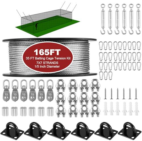 RIIFRILY Batting Cage Netz, Drahtspannungsset, einziehbares Schlagkäfig-Kabel-Set, Aufhängung, DIY Schlagkäfig, Innen- und Hinterhof-Design, Schlagkäfig-Rahmen-Set (90 m)