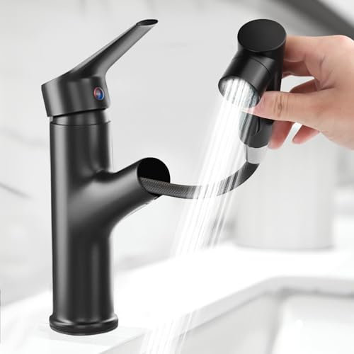 smtfcty Robinet de salle de bain avec douchette extensible, robinet de lavabo haute pression noir, mitigeur monocommande avec 3 types de jet, mitigeur chaud et froid pour salle de bain