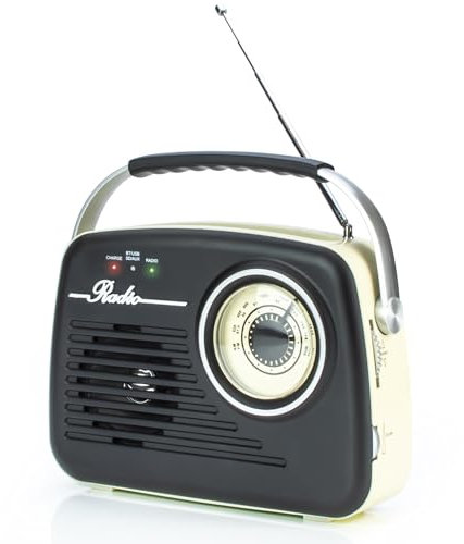 Status IONOS Retro Portable FM Radio, Wireless 10M Range, SD/USB Input, 3W Speaker, Mains/Battery Powered, Cream and Black, TILBURG1PKB4