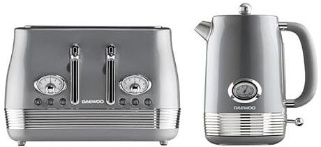 Daewoo Denver Breakfast Set – Smoked Grey, Retro 1.5L Rapid Boil Kettle & 4 Slice Wide Slot Toaster, Temperature Gauge, Defrost, Reheat, Cancel Functions, Ideal for Stylish Kitchens