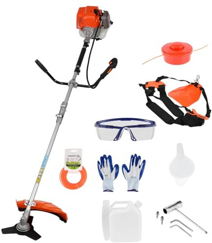 52cc Petrol Strimmer Grass Trimmer, Heavy Duty Brush Cutter with Metal Blade & Bull Horn Handles, 2-Stroke Garden Strimmer, Powerful Weed Wacker, Lawn Edger, 254mm Cutting Width Orange