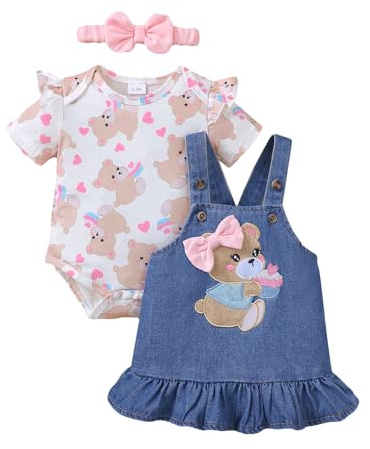 UUAISSO Conjuntos Para Bebé Niña Mono Manga Corta con Estampado de Corazones Falda Tirantes Vestido oso Diadema con lazo 0-18 meses flores rosas 0-3 meses
