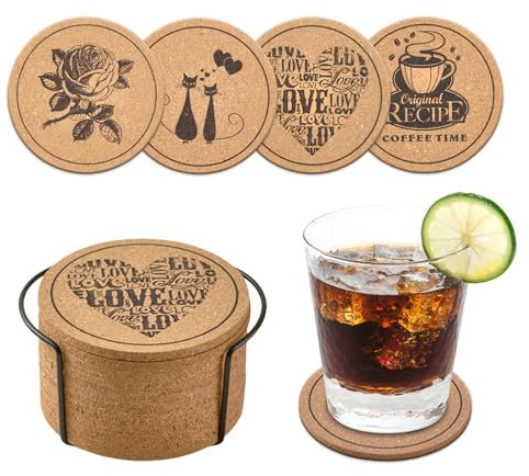 lompyeu 12 Dessous de Verre en liège Absorbants pour Mugs,sous Verres Antidérapants avec Organisateur de Dessous de Verre, pour Anniversaire, Pendaison de Crémaillère, Cuisine, Salon