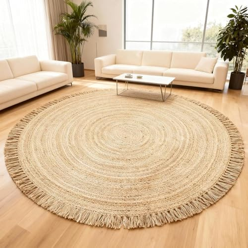 FURNISHFUL FINESSE Hand Woven Jute Round Rug, – Natural, Reversible Boho Entry Area Rugs for Kitchen, Living Room I Farmhouse Indoor Outdoor Decorative Floor Rug - (5 Feet)