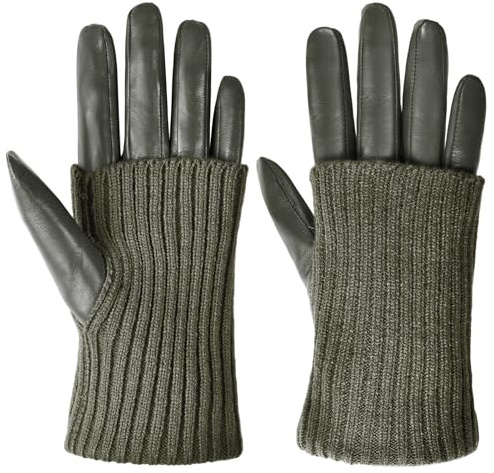 Harssidanzar Guantes de invierno de doble uso para mujeres, de cuero de cabra, con puños de punto de acrílico y forro de peluche corto CL001EU, Verde Oliva, Talla M