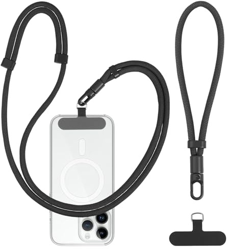YFLeomry Handyband Universal Lang Kurz, 1 Verstellbares Handy Band, 1 Handschlaufe mit 2 Stück Universelles Patch, Handyschnur Zum Umhängen, Handy Lanyard Abnehmbar für Alle Smartphones(Schwarz)