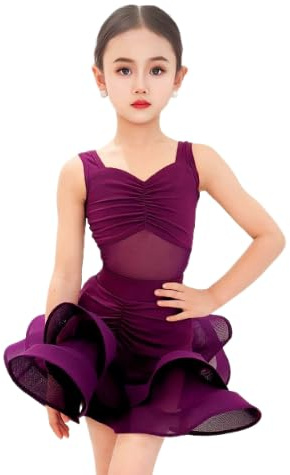 OTMYIGO Vestito da Ballo Latino per Bambina, Abito da Ballo per Bambini Salsa Rumba, Tango cha cha Jazz Competizione Gonna Festa Abbigliamento da Ballo,Viola,170