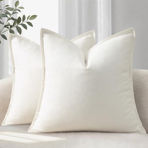 YCOLL Funda de Cojín 50x50 Juego de 2 Fundas de Cojín Cómodas y Suaves de Lino Natural Cojines de Sofá Unicolor Fundas de Cojín Modernas con Borde Cojín Decorativo para Sofá Cama y Salón Blanco Crema