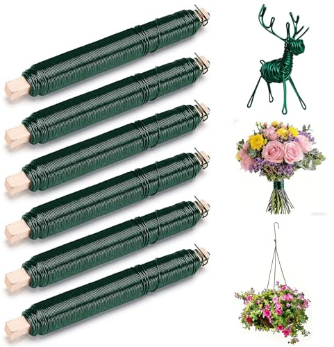 Tiusixsy 6 Pièces Fils de Fer Fleuriste Vert, Ø 0,78 mm x 35 m Fil de Fer Souple Loisir pour Jardinage, Art Floral et Bricolage, Fil Métallique Enroulé sur Bâtonnet en Bois