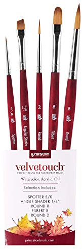 Princeton Velvetouch, Series 3950, Paint Brush for Acrylic, Oil and Watercolor, Set of 5 Spotter 5/0, Angle Shader ¼”, Round 8, Filbert 8, Round 2