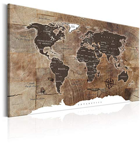 decomonkey Akustikbild Weltkarte 120x80 cm XXL 1 Teilig Leinwand Modern Bilder Wandbilder XXL Schallschlucker Schallschutz Akustikdämmung Wandbild Deko Leise Holz Welt Karte Landkarte Kontinente