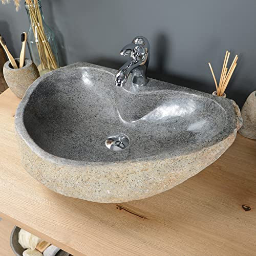 Naturstein Waschbecken 60 cm oval in grau mit Armaturenanschluss von WOHNFREUDEN - Mit Unikatauswahl