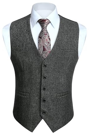 HISDERN Gilet da Uomo Grigio Scuro Elegante Classico Tinta Unita Panciotto Uomo in Cotone Casual Formale Senza Maniche da Cerimonia Festa XL