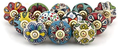 Craft Trade Assorted Multicolor Ceramic Knobs, Pack of 12 | Assorted multicolor ceramic knobs with floral designs for drawers, cabinets, cupboards, wardrobes and dressers.