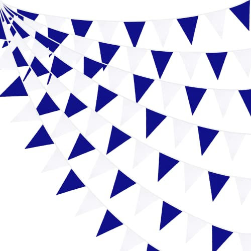 32Ft Royal Blue White Fabric Bunting Banner Party Decorations Triangle Flag Pennant Garland for Wedding Birthday Nautical Pirate Ahoy Achor Bridal Baby Shower Graduation Party Festivals Decoration