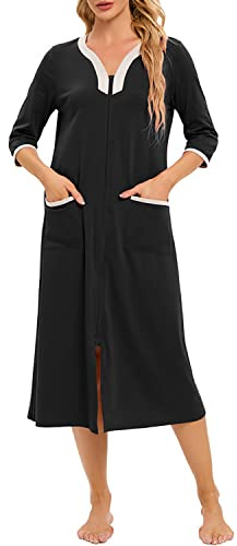 Verve Jelly Women Zipper Robe Long Sleeve Loungewear Lightweight Housecoat Full Length Solid Color Nightgown with Pockets Black S