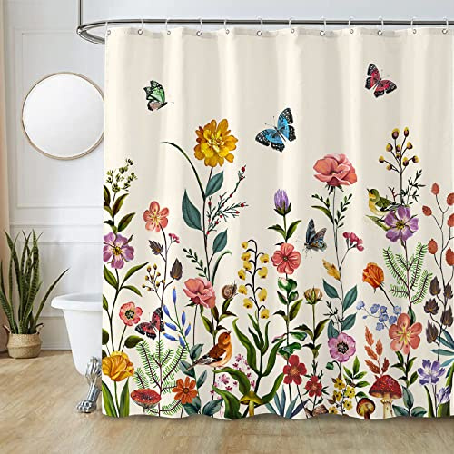 kampdream Vintage-Duschvorhang mit Blumenmuster, Retro-Stil, bunt, Schmetterling, Vögel, Blumen, Stoff, dekorative Duschvorhänge mit 12 Haken für Badezimmer, 183 x 183 cm, Beige