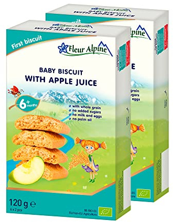 Fleur Alpine Biscuits pour bébé au jus de pomme – 12 x 2 délicieuses collations pour bébé pour une délicieuse bouillie de petit-déjeuner | Biscuits simples à snack entiers sans sucre ajouté | 6 mois